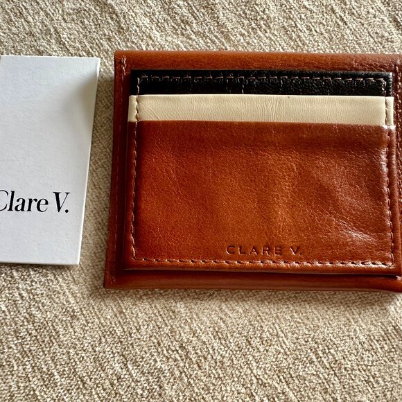 Clare V Porte Carte Card Holder in Miel w/Cream/Black Stripe  - New - Picture 1 of 7